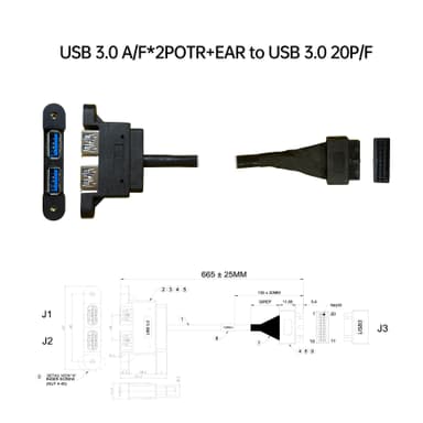USB 3.0 A/母*2POTR+EAR 对 USB 3.0 20P/母