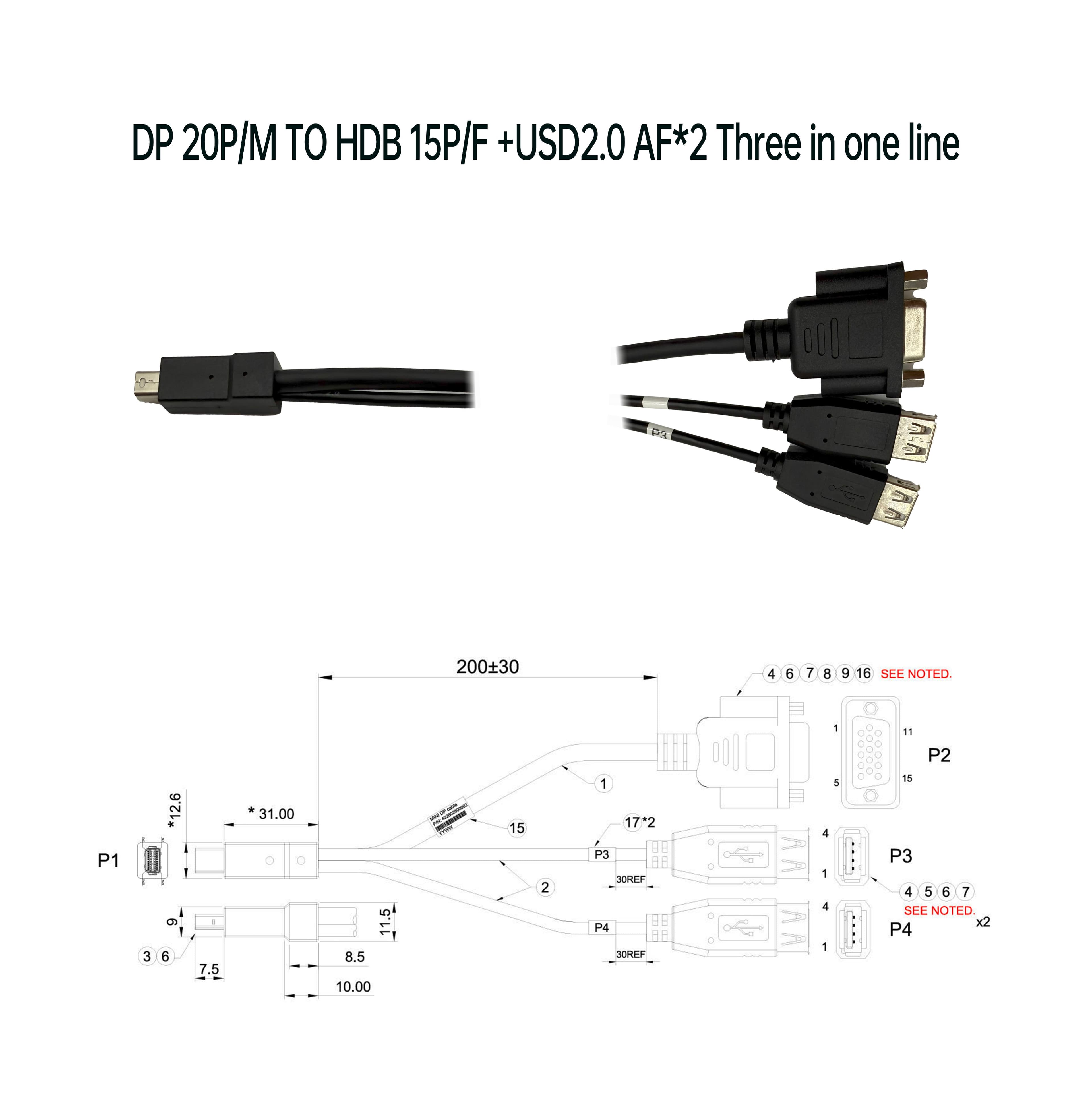 DP 20P公 對 HDB 15P母+USD2.0 A公 三合一